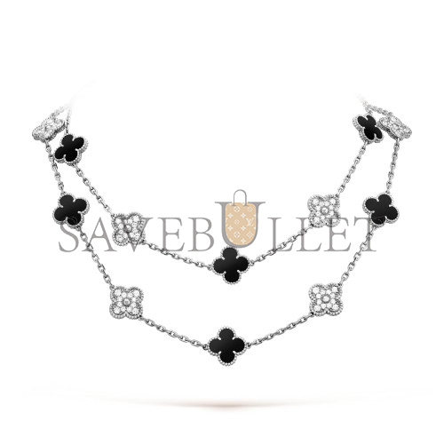 VAN CLEEF ARPELS VINTAGE ALHAMBRA LONG NECKLACE, 20 MOTIFS - WHITE GOLD, DIAMOND, ONYX  VCARP2R800