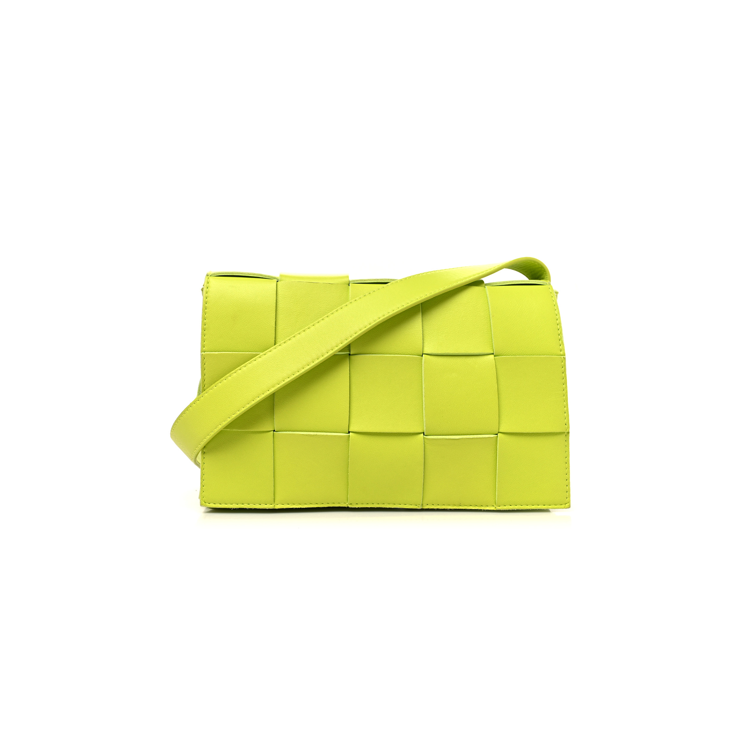 BOTTEGA VENETA LAMBSKIN MAXI INTRECCIATO CASSETTE CROSSBODY BAG ACID KIWI (23*15*5.5cm)