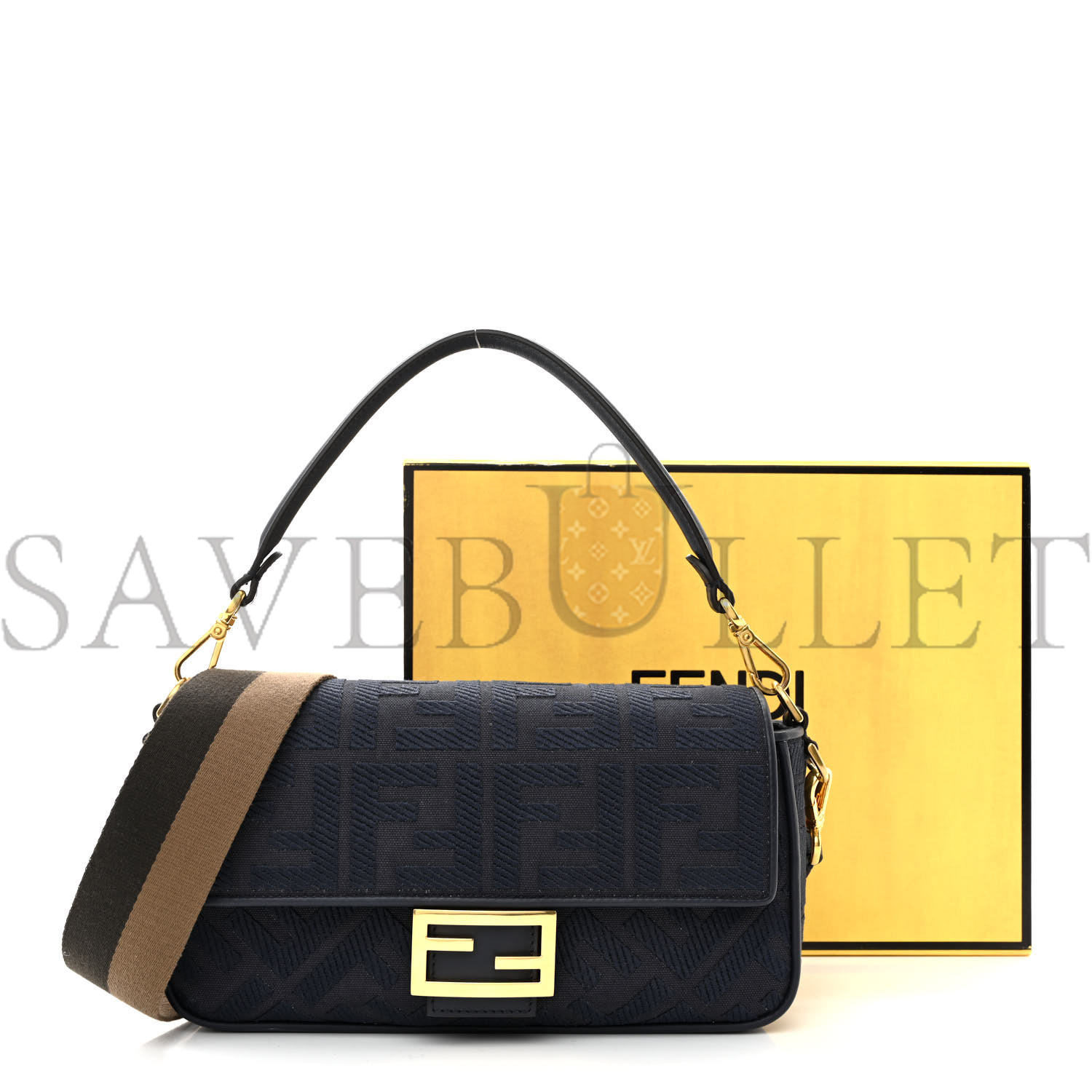 FENDI CANVAS VITELLO KING BI-COLOR STRAP FF EMBROIDERED BAGUETTE MIDNIGHT (27*16*6cm)