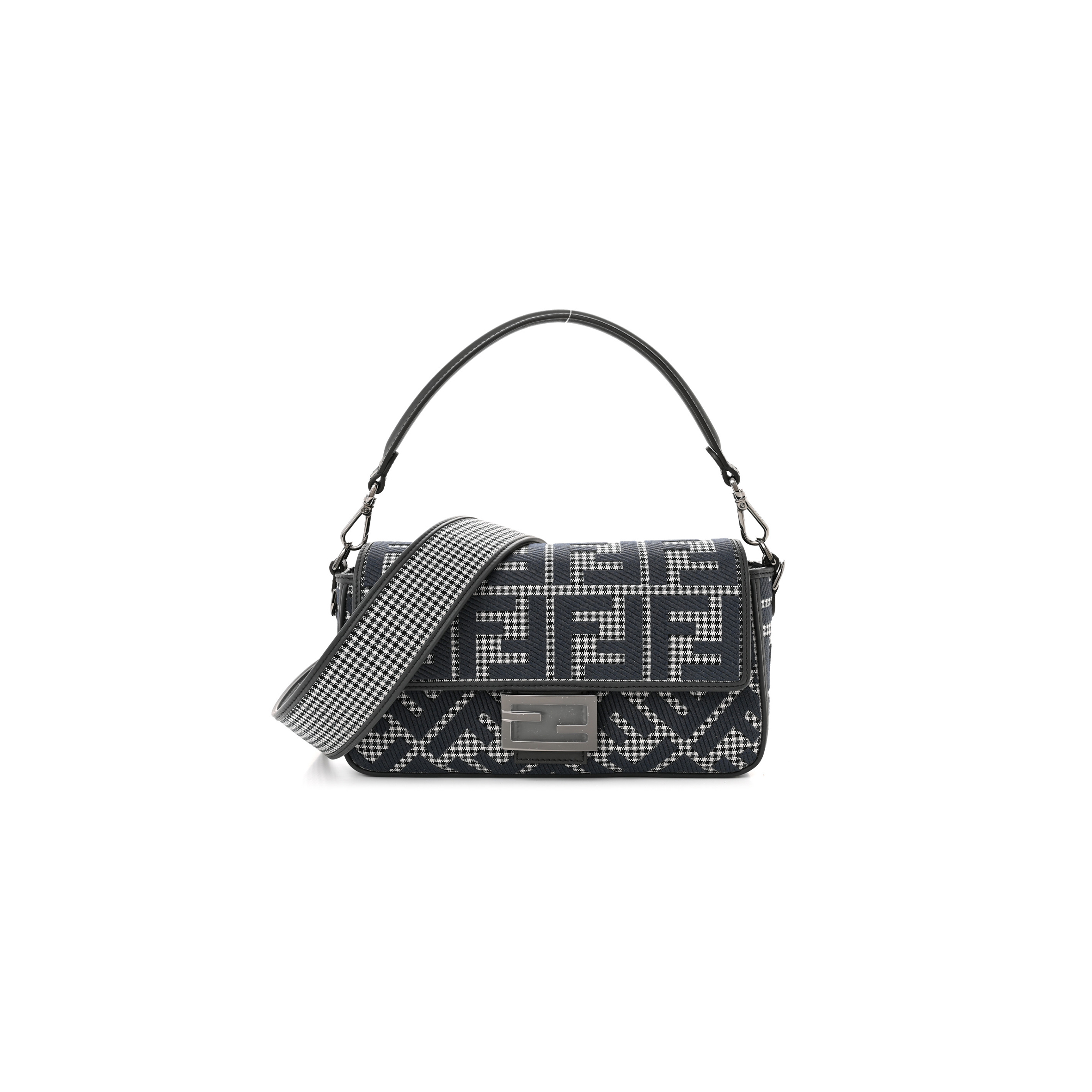 FENDI WOOL VITELLO KING HOUNDSTOOTH FF EMBROIDERED BAGUETTE GRIGIO ANTHRACITE (27*17*6cm)