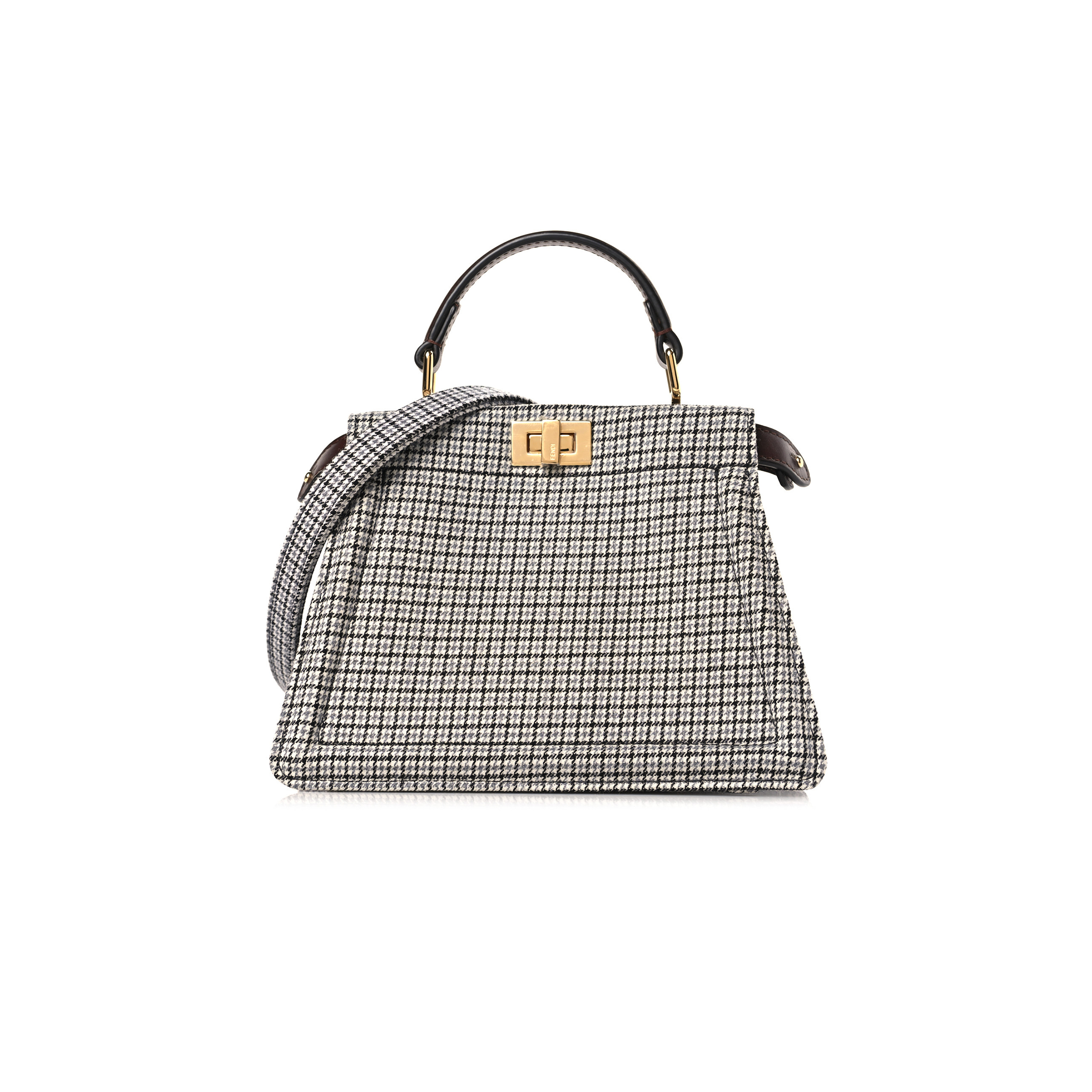 FENDI WOOL FABRIC JACQUARD CUOIO SMALL HOUNDSTOOTH FF 1974 PETITE PEEKABOO I SEE U SATCHEL GRIGIO ANTHRACITE (20*15*11cm)