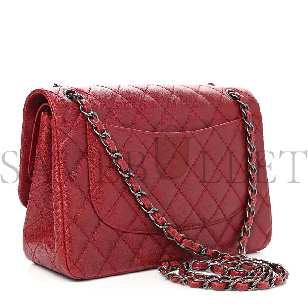 CHANEL CAVIAR QUILTED JUMBO DOUBLE FLAP DARK RED SILVER HARDWARE (30*18*10cm)