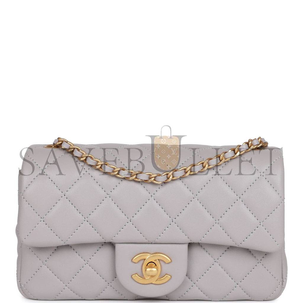 CHANEL PEARL CRUSH MINI RECTANGULAR FLAP BAG LIGHT GREY LAMBSKIN ANTIQUE GOLD HARDWARE (20*13*6cm)