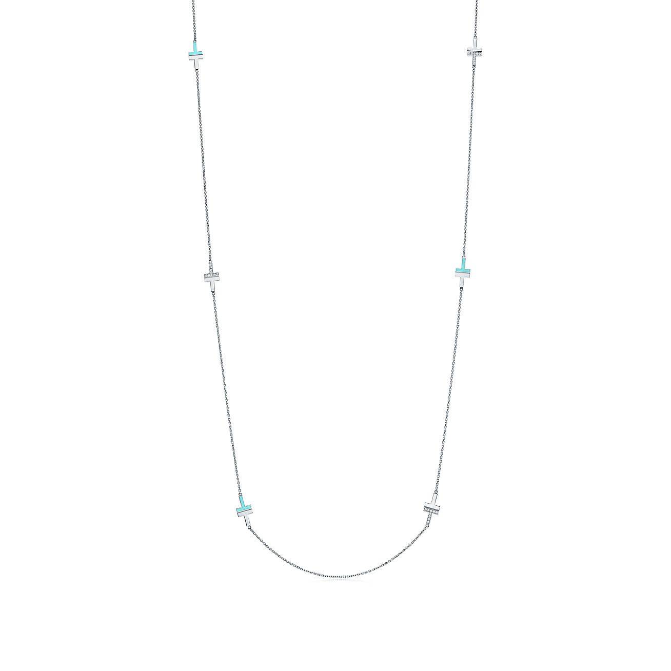 Tiffany T Diamond and Turquoise Station Necklace in 18k White Gold, 34