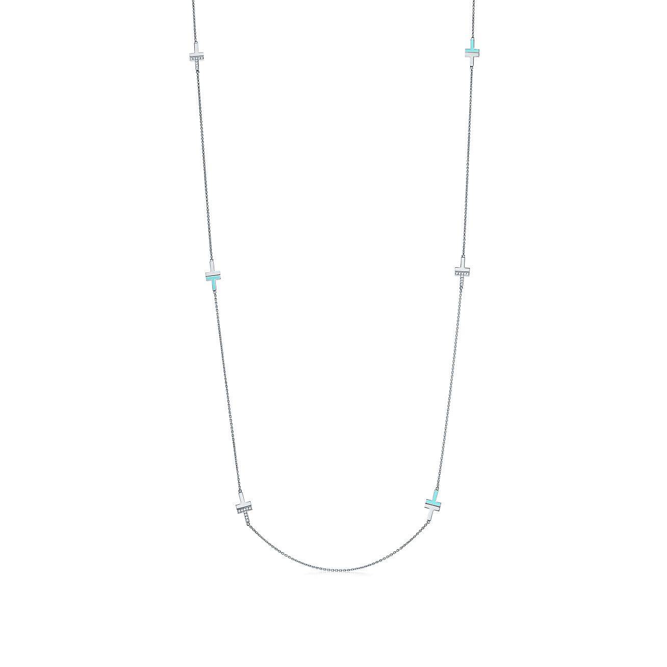 Tiffany T Diamond and Turquoise Station Necklace in 18k White Gold, 34