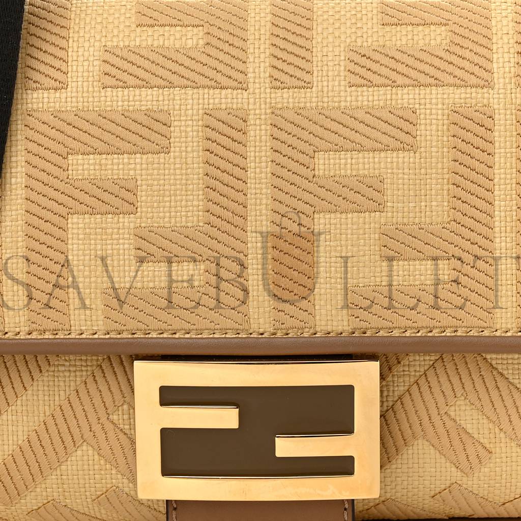 FENDI RAFFIA VITELLO KING LUCIDO FF EMBROIDERED BAGUETTE GRANO SAND (28*15*6cm)