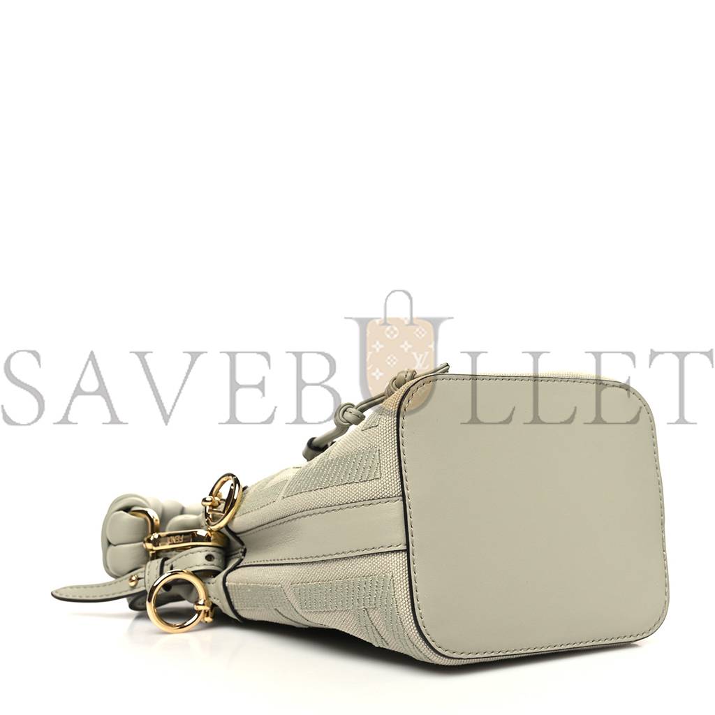 FENDI CANVAS VITELLO GRACE F IS FENDI FF EMBROIDERED MINI MON TRESOR BUCKET BAG LIGHT GREEN (18*12*10cm)